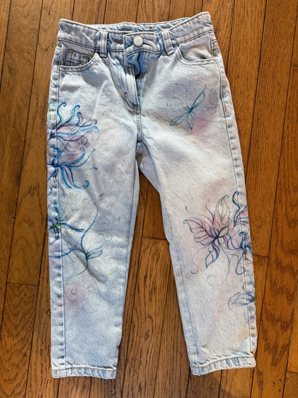 NEXT  Light Wash Jeans with Blue & Pink Hand-Painted Floral Motifs 5YR OLD